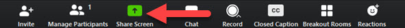 Screenshot of the Zoom meeting window toolbar with an arrow indicating the Share Screen button