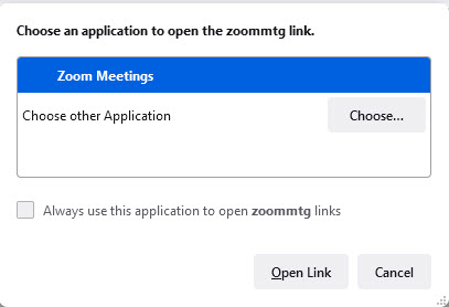 Screen clipping showing an example of the message in your web browser confirming that you wish to open the link in the Zoom application.