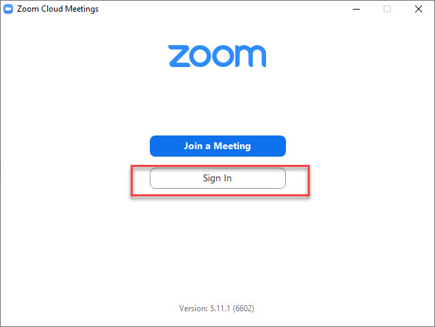 Screenshot of the Zoom application sign in prompt screen. The button labeled 'Sign In' is circled.