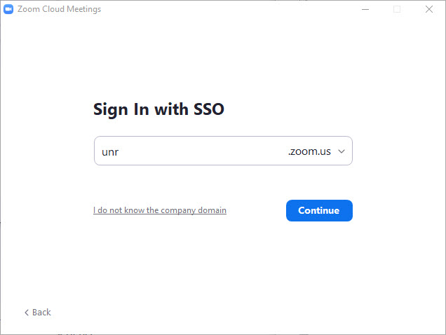 Screenshot of the domain entry field in the Zoom app login process. The text 'unr' is entered in the domain field.