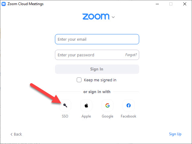Screenshot of the Zoom application sign-in interface. An arrow is pointing at the SSO sign in option.