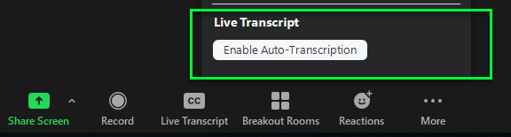 Screen clipping of the Zoom meeting interface with the Live Transcript button activated and the 'Enable Auto-Transcript' option highlited on that menu.