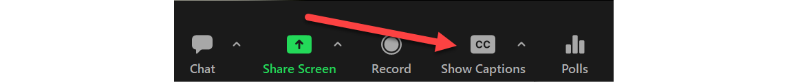 Screen clipping of the Zoom toolbar with an arrow pointing to the button labeled 'Show Captions'