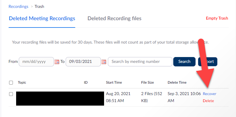 Screen clipping of the Zoom cloud recordings Trash folder showing the Recover link corresponding to a deleted cloud recording file. An arrow is pointing at this link.