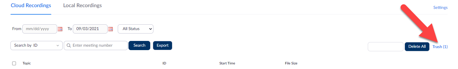 Screen clipping of the Zoom Recordings interface in the web portal showing the 'Trash' folder and an arrow pointing at the link to the folder.