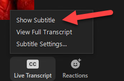 Screen clipping of the Live Transcript menu with an arrow pointing at the Show Subtitle option.
