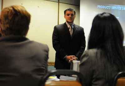 Noah Buxton from the team SciSpace defended his business plan in front of judges April 21. Photo by Crista Hecht.