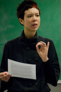 Nadine Attewell teaches a class in the Mack Social Sciences building. Attewell has written a book about national identity in Australia, New Zealand and Britain. Photos by Daniel Clark.