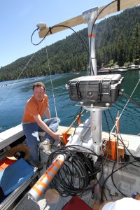 Graham Kent on a boat with research equipment on Fallen Leaf Lake