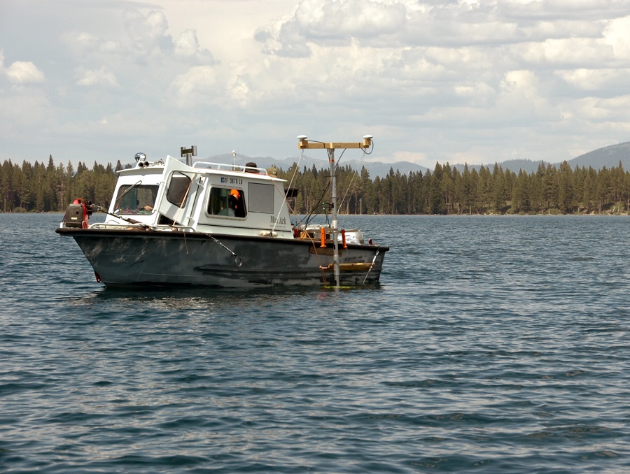 A research boat on Fallen Leaf Lake
