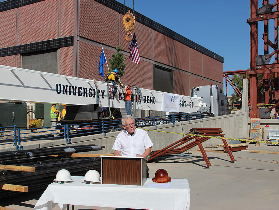 Ian Buckle speaks at topping out ceremony