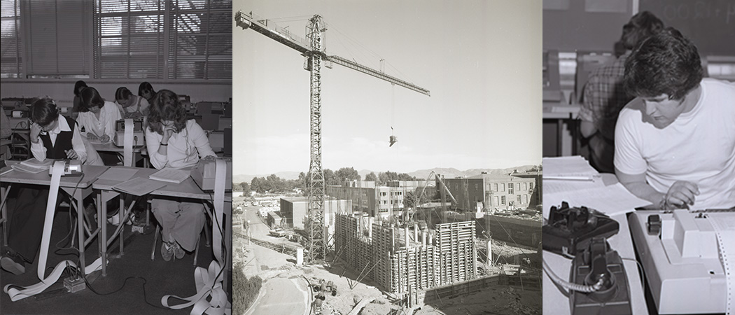 A collage of images showing both the construction of Ansari Business as well as students studying with old fashioned calculators