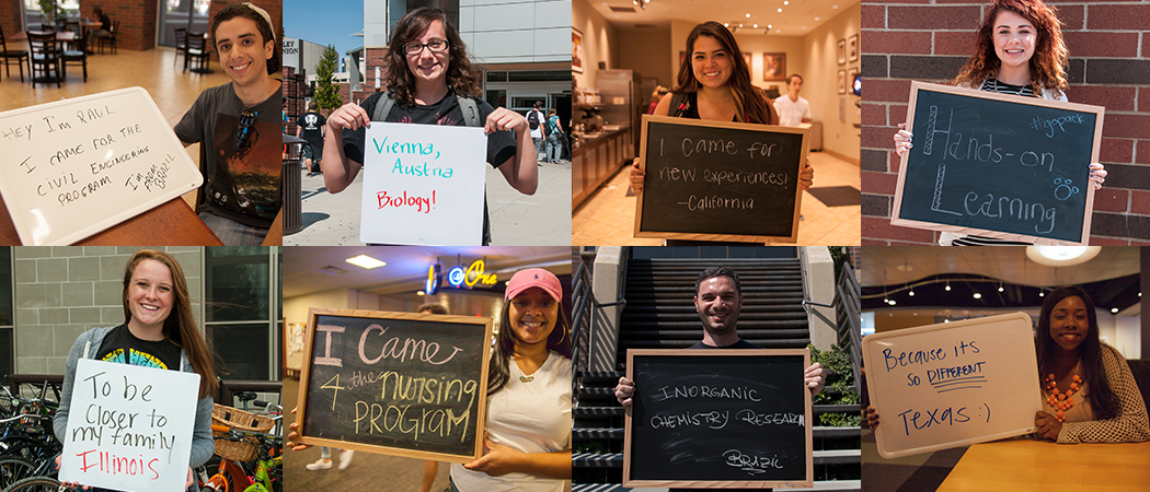 Collage of students holding up signs saying why they joined the University.