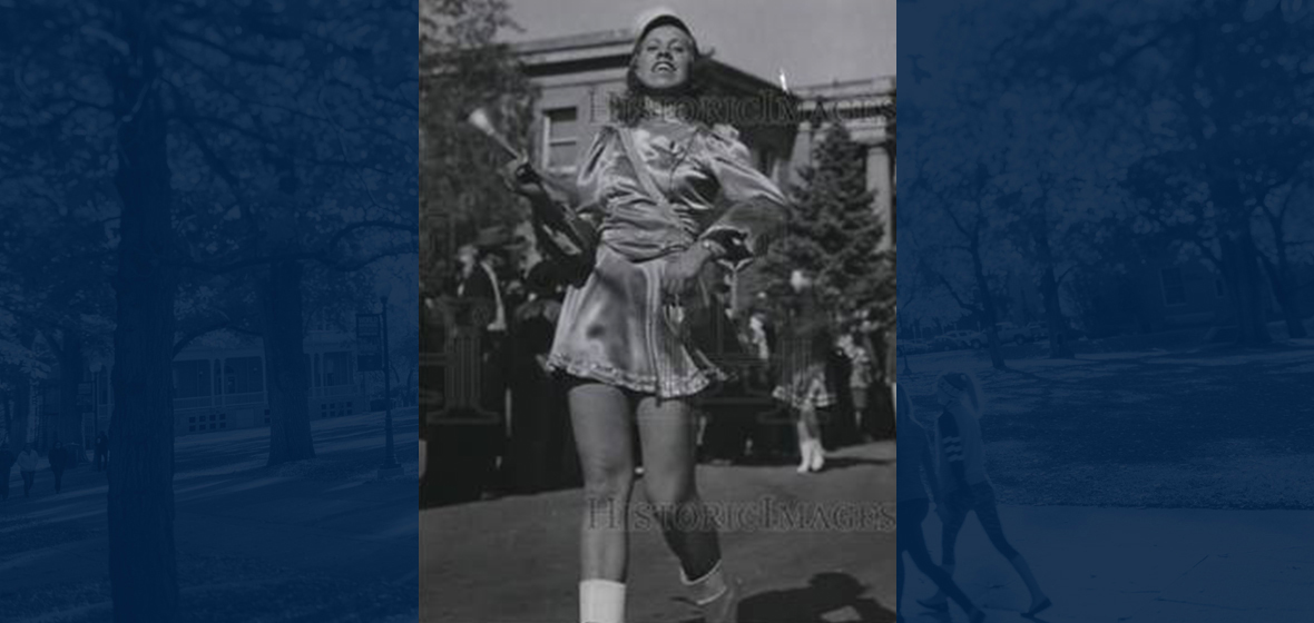 Elsie Crabtree and her short skirt dressed as the University's drum majorette in 1939