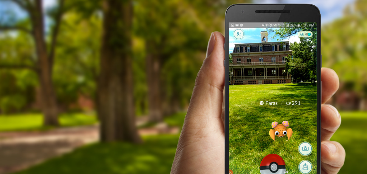 Morril Hall and the Quad through the augmented reality of Pokémon GO app on phone