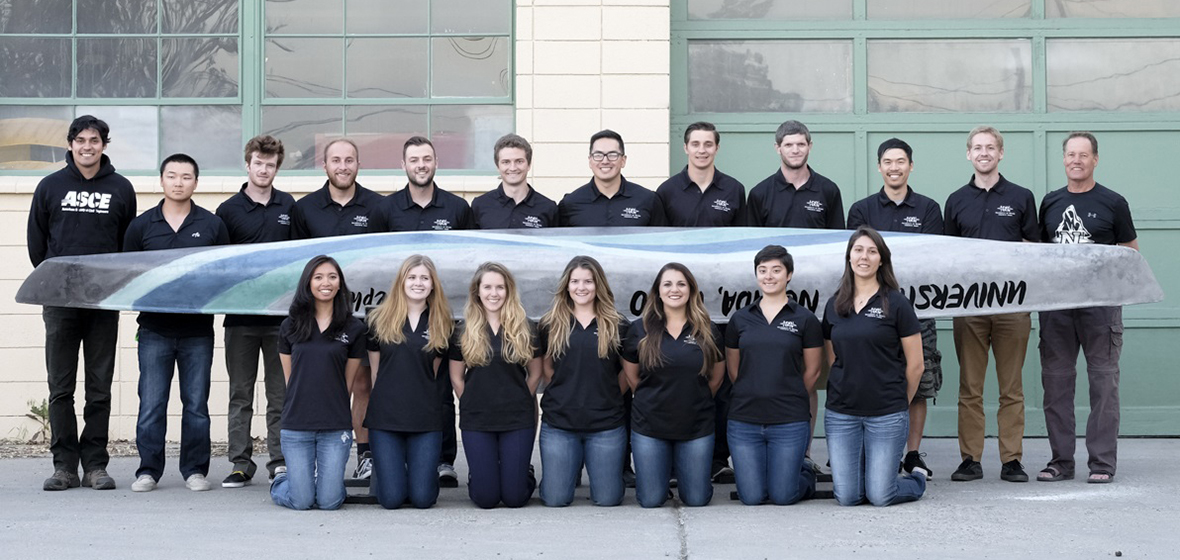 2016 Nevada Concrete Canoe Team pictured next to concrete canoe