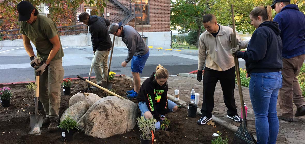 Students planting shrubs for Shade Tree Week