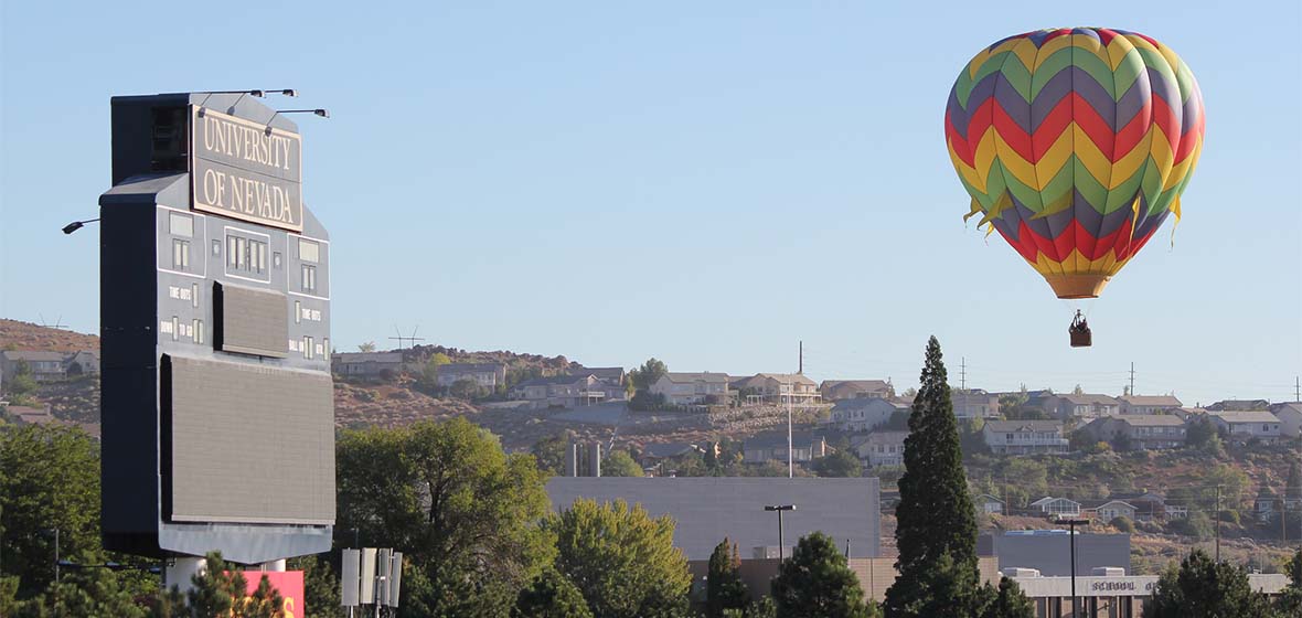 Hot air balloon near the University scoreboard