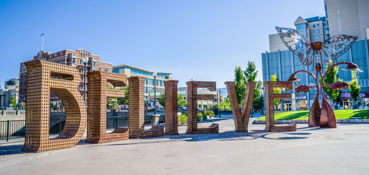 Believe Burning Man Sculpture in downtown Reno