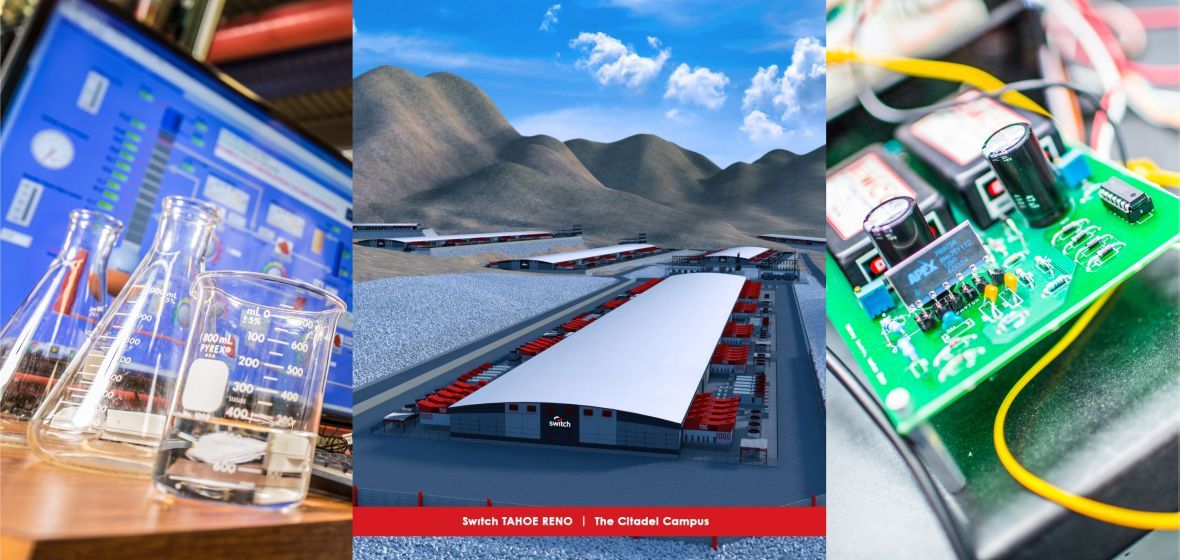 Collage includes artist's rendering of the Switch facility located east of Reno, known as The Citadel Campus, plus a laboratory work space and computer circuit board.