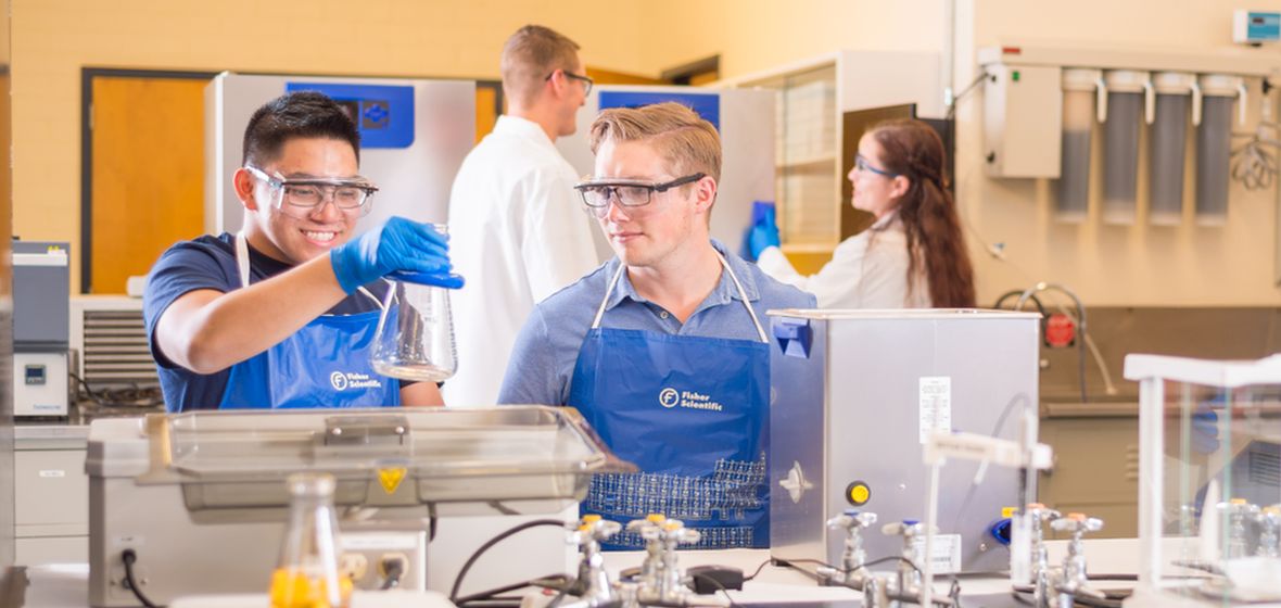 Technicians and students are shown working in the Biosciences Entrepreneurial Laboratory.