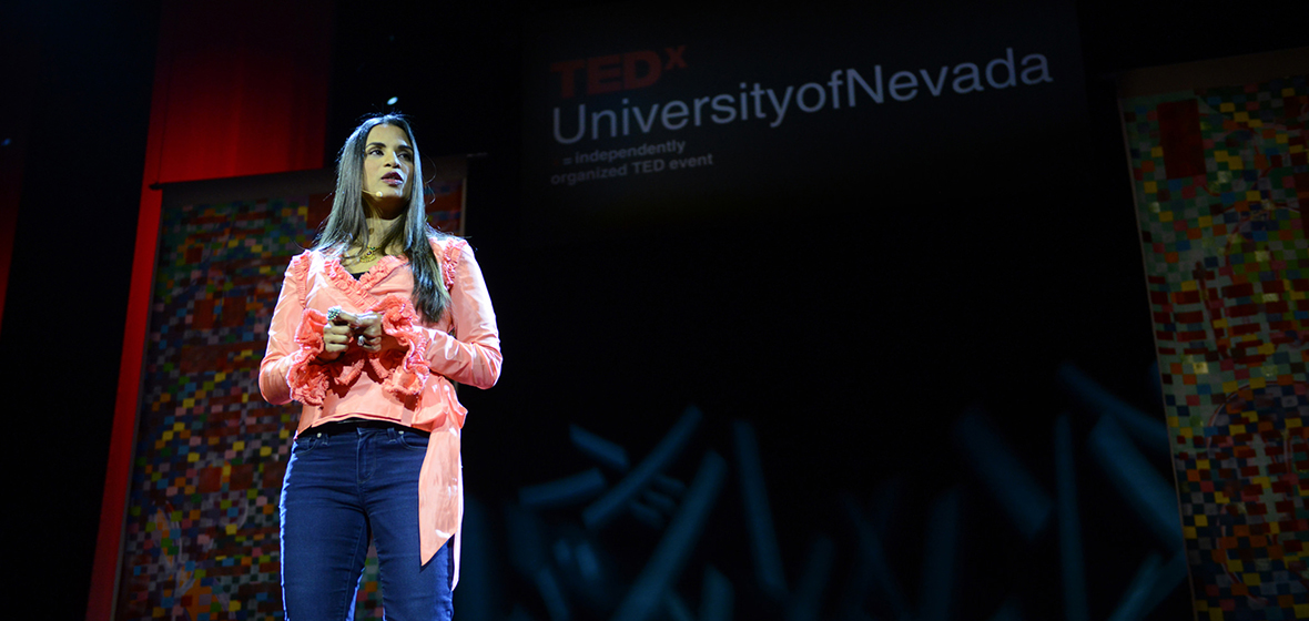 Samina Ali on stage at the 2017 TEDxUniversityofNevada event