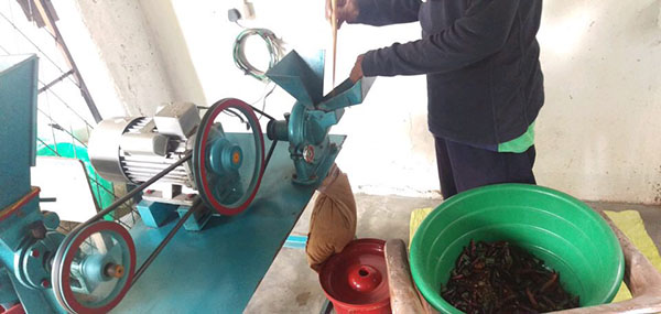A machine funded by COOBA is used to grind the spices. 