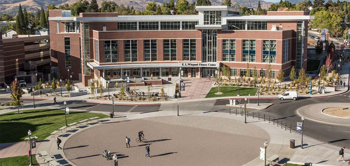 Aerial view looking at the University of Nevada, Reno's E. L. Wiegand Fitness Center