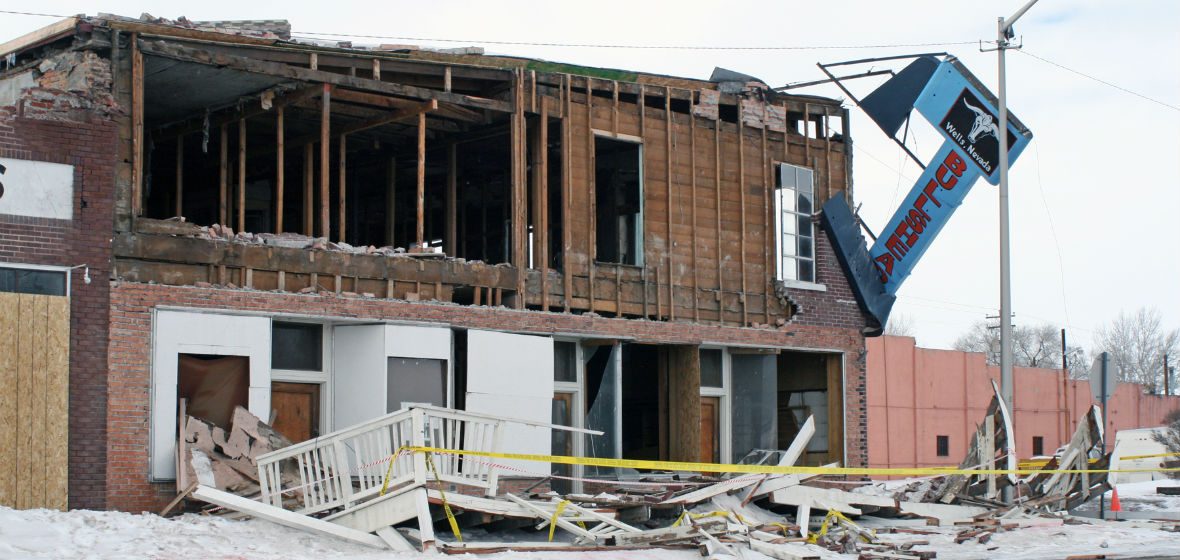 A destroyed building in Wells, Nevada following a 6.0 magnitude earthquake. 