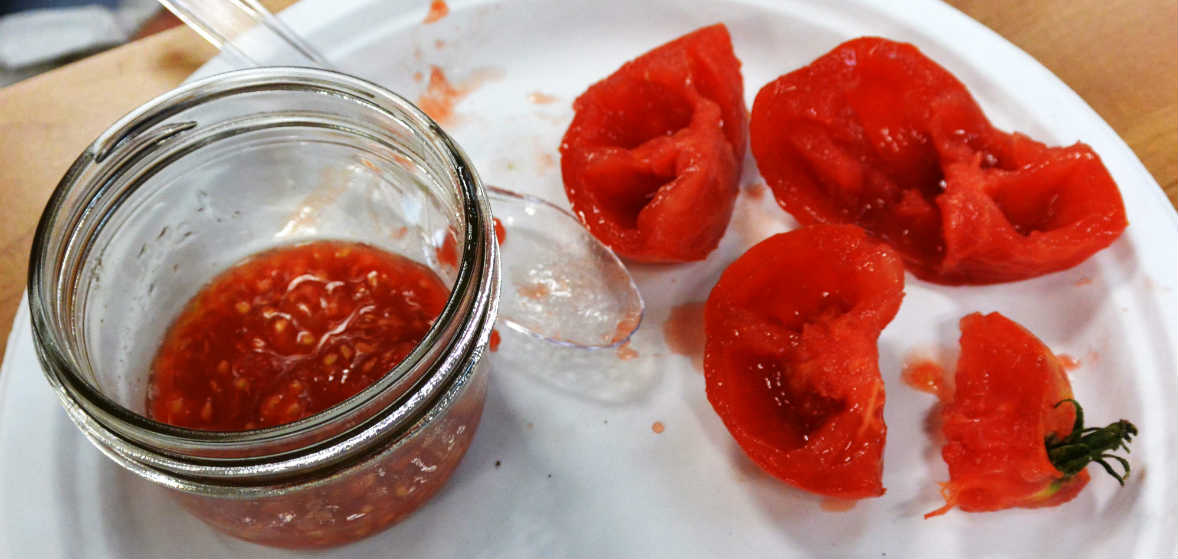 a jar holding tomato seeds sitting next to a recently-seeded tomato