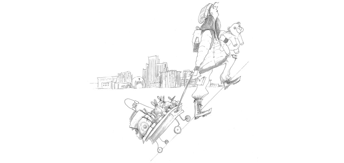 Illustration of girl carrying teddy bear and dragging a wagon. The skyline of Reno is behind her. 