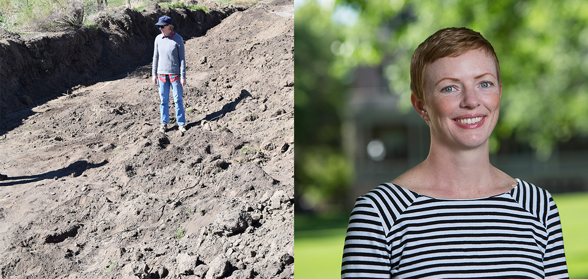 Marin Pilloud standing on dirt hillside with profile headshot