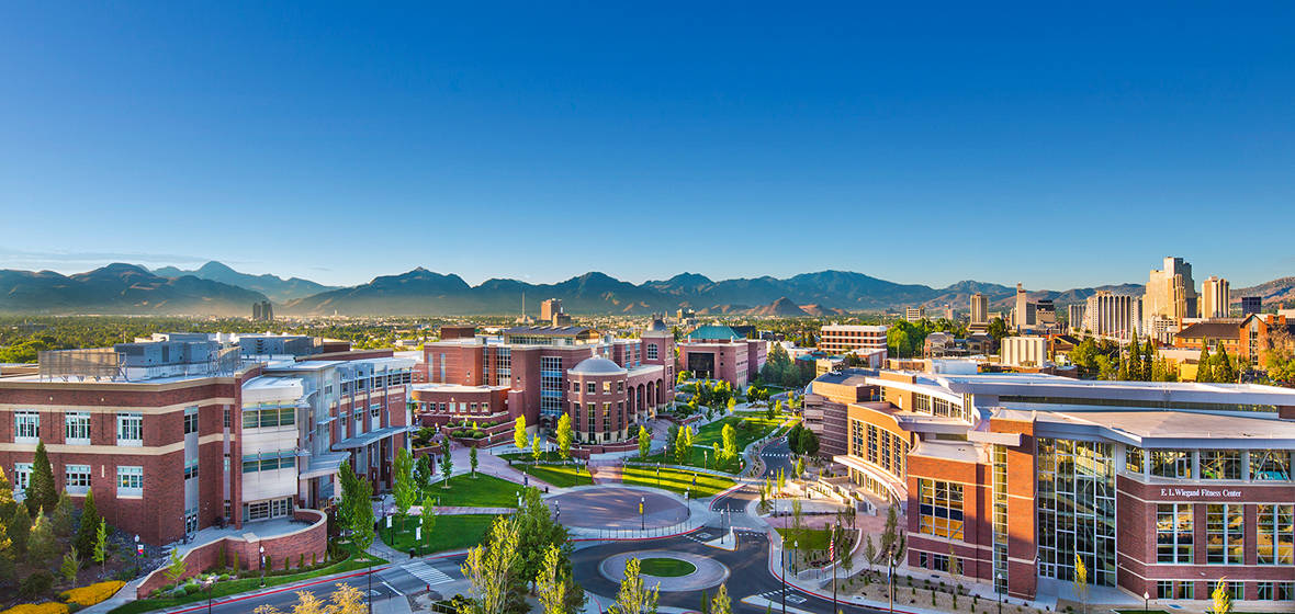 University of Nevada, Reno campus looking south east with the Joe Crowley Student Union and E. L. Wiegand Fitness Center in the foreground. 