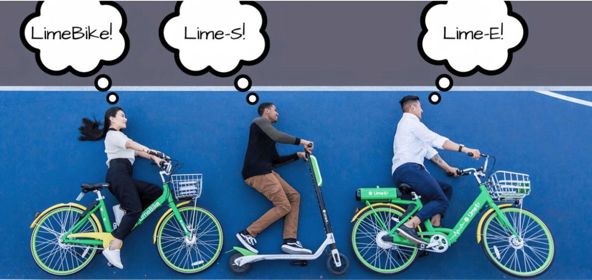 Three people riding a LimeBike, LimeS and LimeE (respectively).