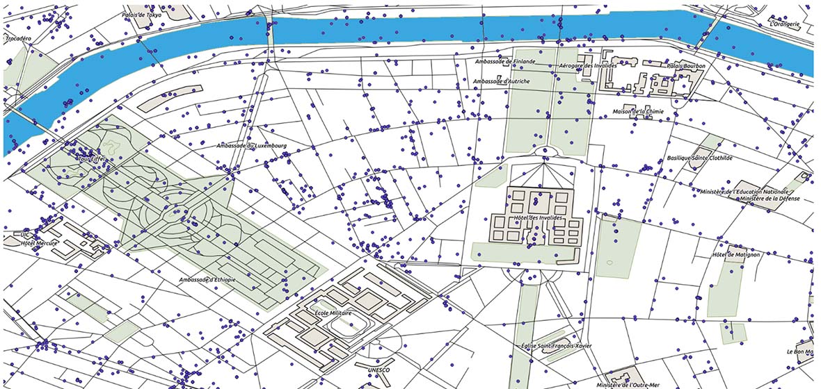 Map of the heart of Paris with a dot for every tweet captured during the 2017 French elections