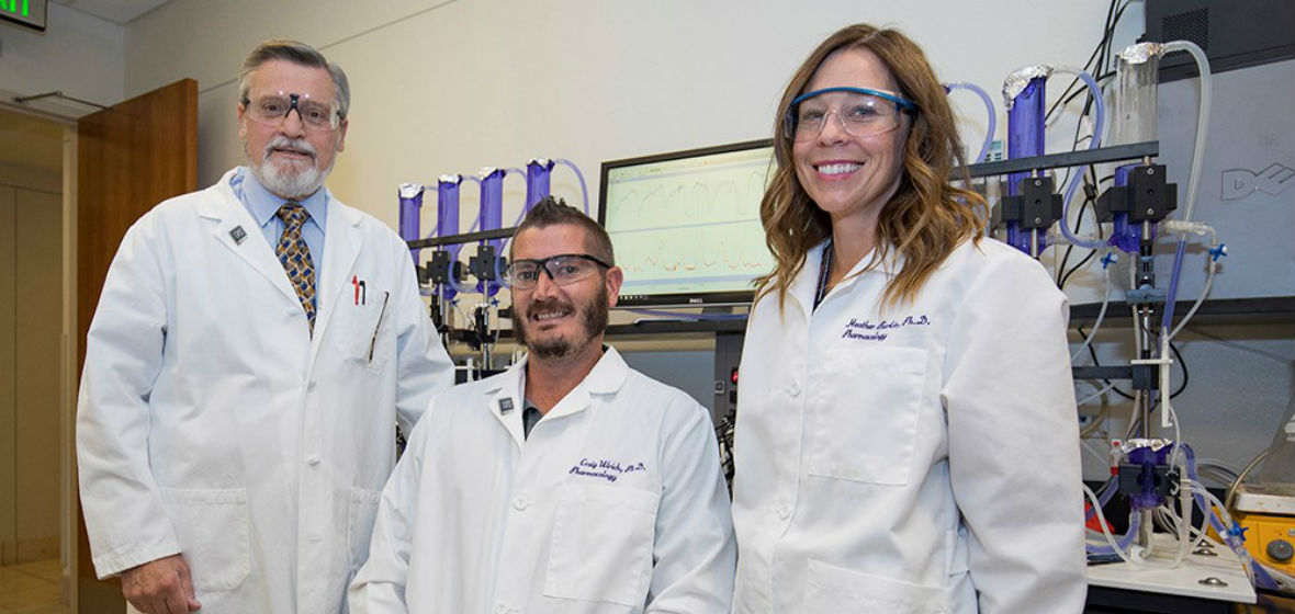 Iain Buxton, Pharm.D., foundation professor, Pharmacology; Craig Ulrich, Ph.D., research assistant professor, Pharmacology and Heather Burkin, Ph.D., assistant professor, Pharmacology. 