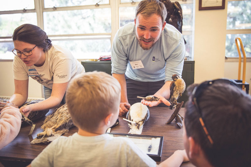 Two graduate students share bird specimens with children at Day at the Museum