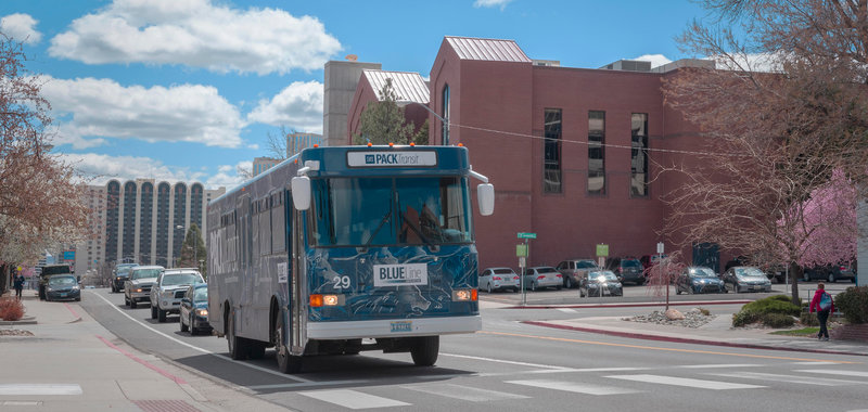 PACKTransit Shuttle driving down Virginia Street. 