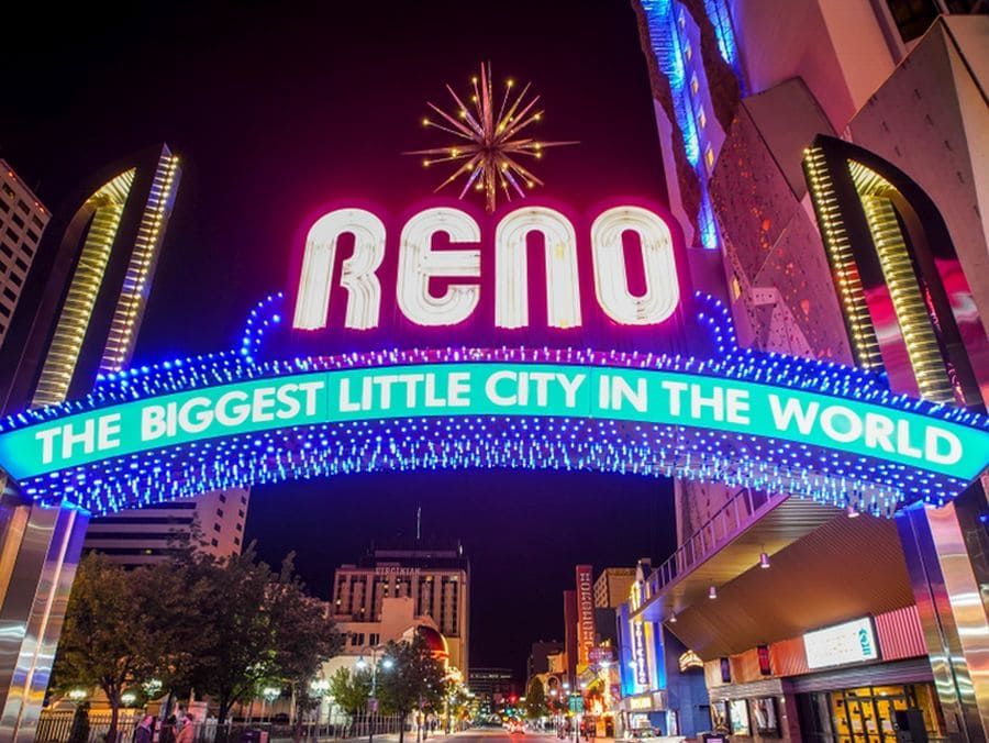 The Reno arch lit up at night