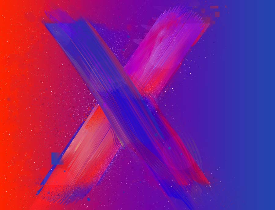 A red and blue painted X with a red and blue background combining to make purple