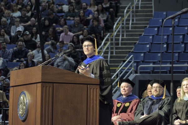 Lidia Stiglich speaking at the 2019 Winter Commencement