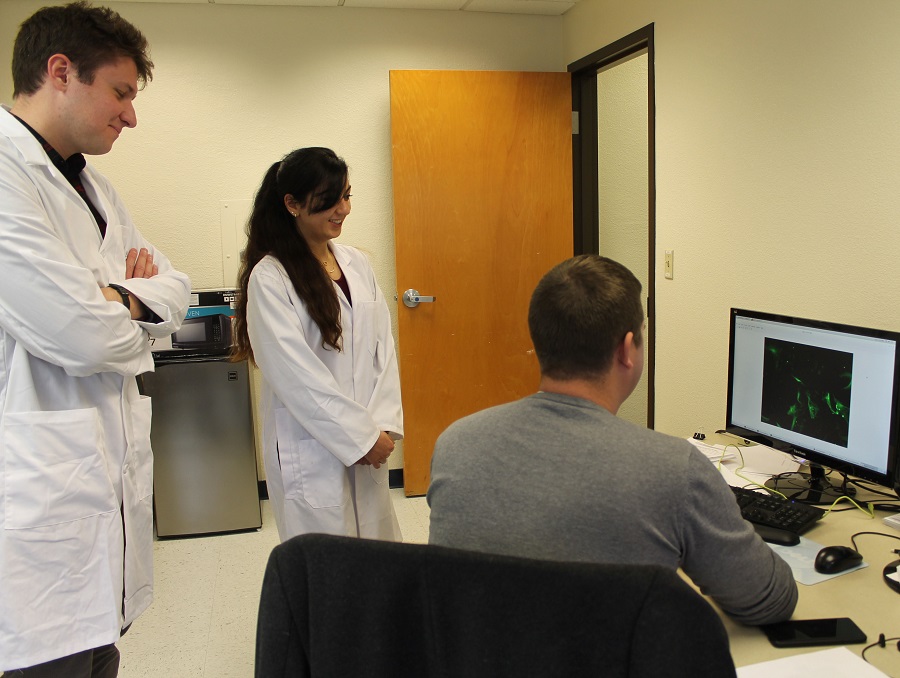 Three students looking at a computer while doing research in the lab.