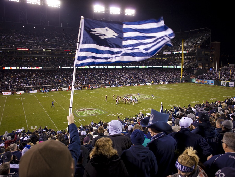 A Wolf Pack flag waving in the crowd at a football game