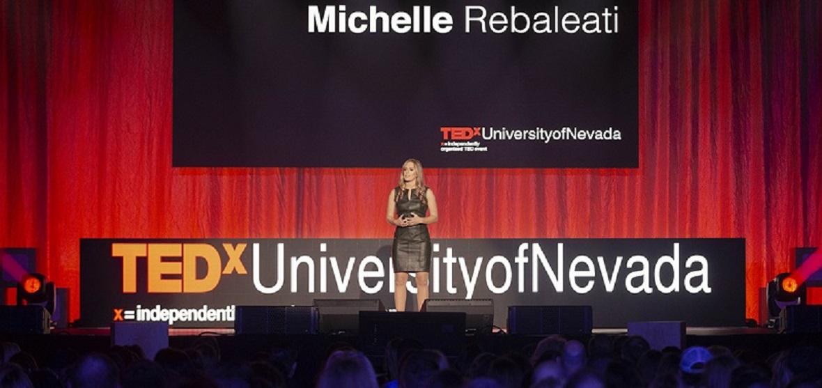 Michelle Rebaleati on the 2019 TEDxUniversityofNevada stage. 