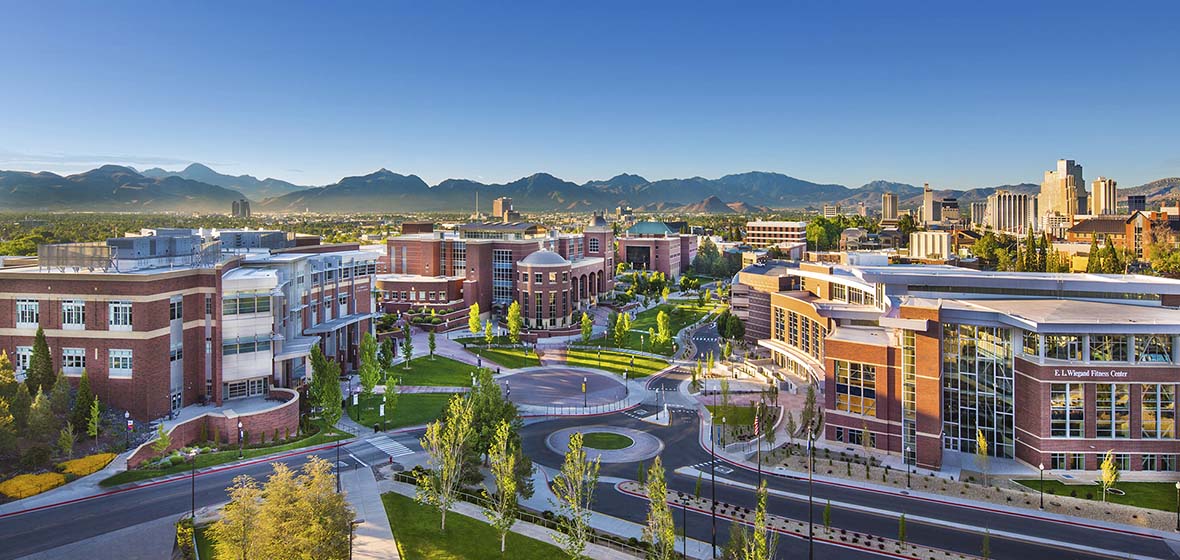 Image of the Joe Crowley Student Union, E. L. Wiegand Fitness Center from north to south