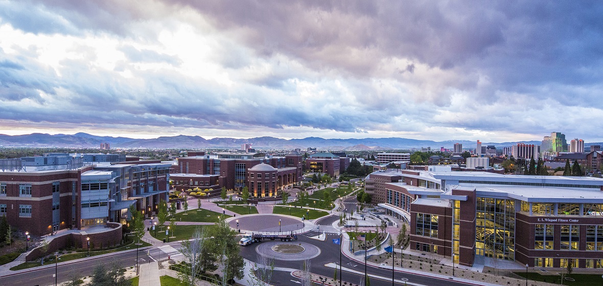 The campus at sunrise as viewed from the top of Lawlor Events Center looking south.