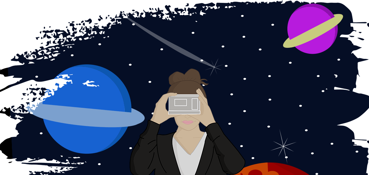 Student holds VR viewer to her face with a space scene behind her.