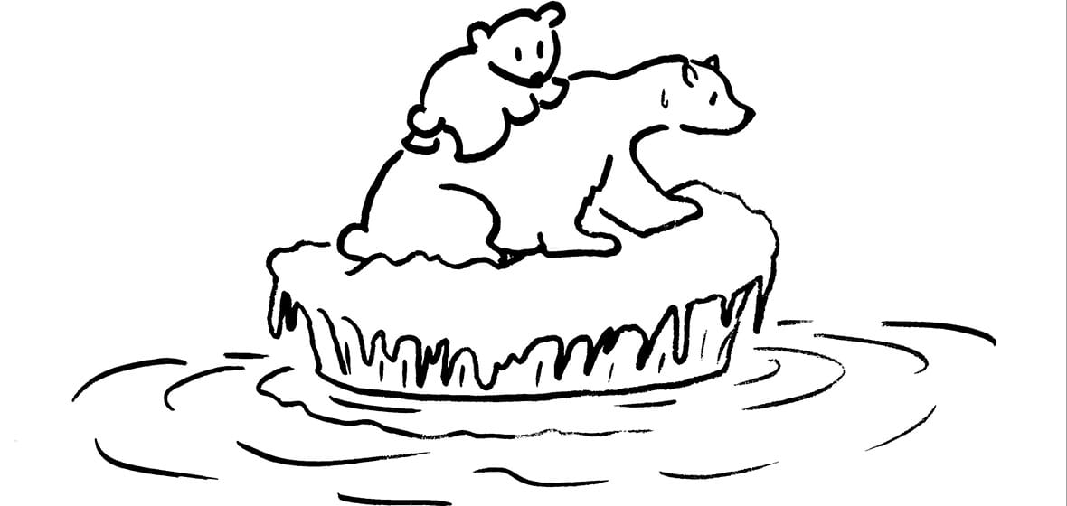 Two polar bears on a small piece of ice.