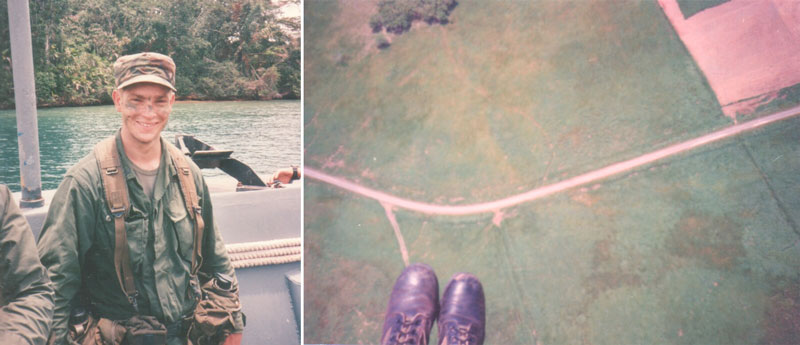 Two old photos, left photo: Young Ken Nussear is dressed in an army uniform on a boat in a river in Panama. Image right: aerial first-person perspective of army boots far above fields of agriculture