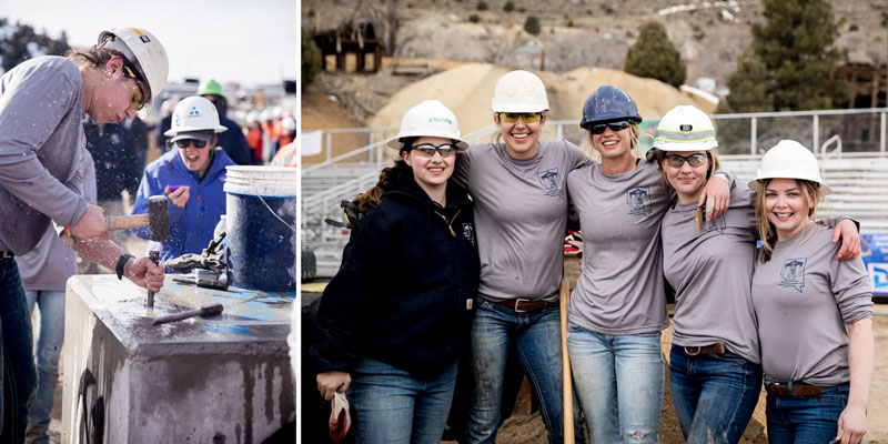 left: mucker participates in hand steel. right: Lady Muckers pose for a photo